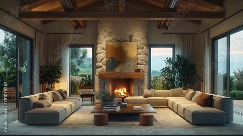 Modern Living Room with Fireplace and Mountain View © lin
