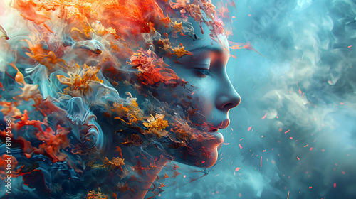 Surreal Portrait of a Mysterious Ethereal Face in a Vibrant Colorful Fluid Explosion of Nature s Elements