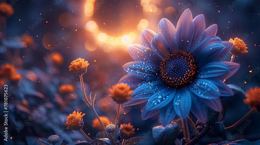 a blue flower is shown against a solar eclipse background, in the style of bold color scheme - obrazy, fototapety, plakaty 