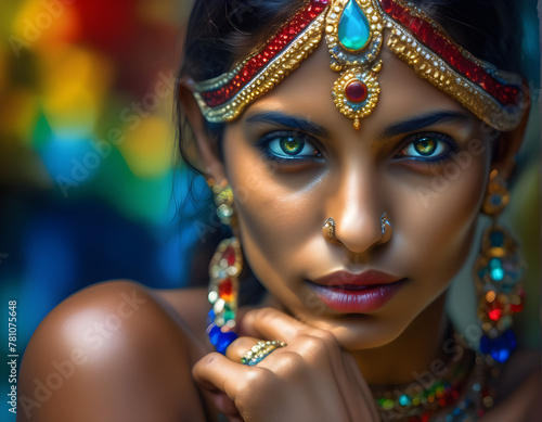 Jeweled Enigma  A Mystical Indian Woman Adorned with Crystals