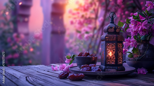 a realistic photo of a woman's hand wearing a black Abaya putting Islamic lantern on the table, mamoul and dates on the table, pastel purple background