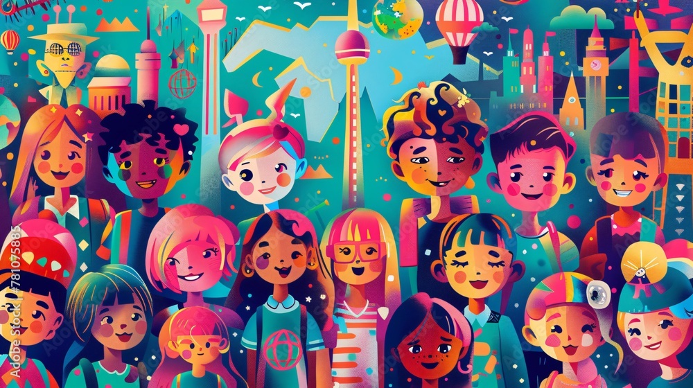 Illustration of multicultural cartoon children smiling with a vibrant city background filled with landmarks and hot air balloons.