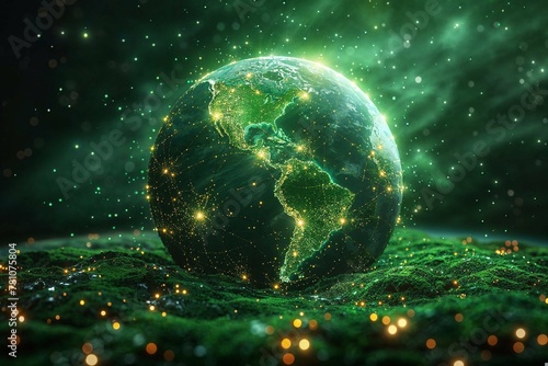 This alluring image portrays a vibrant Earth with a glowing aura, set against the backdrop of a magical green cosmos photo