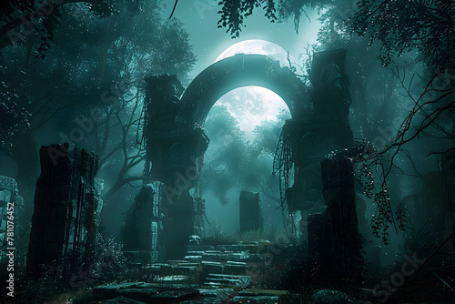 Venturing Through the Ethereal Mist Shrouded Ruins in a Moonlit Enchanted Forest