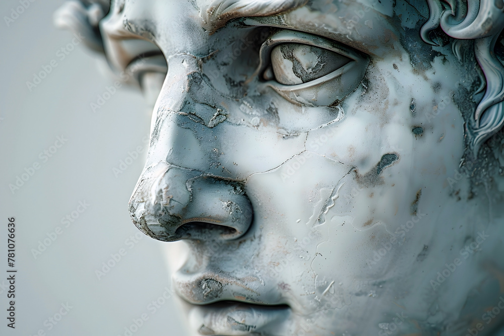 Weathered Neoclassical Sculpture with Subtle Watercolor Hues on Isolated Backdrop Cinematic Close Up Rendering in Hyper Photographic Style