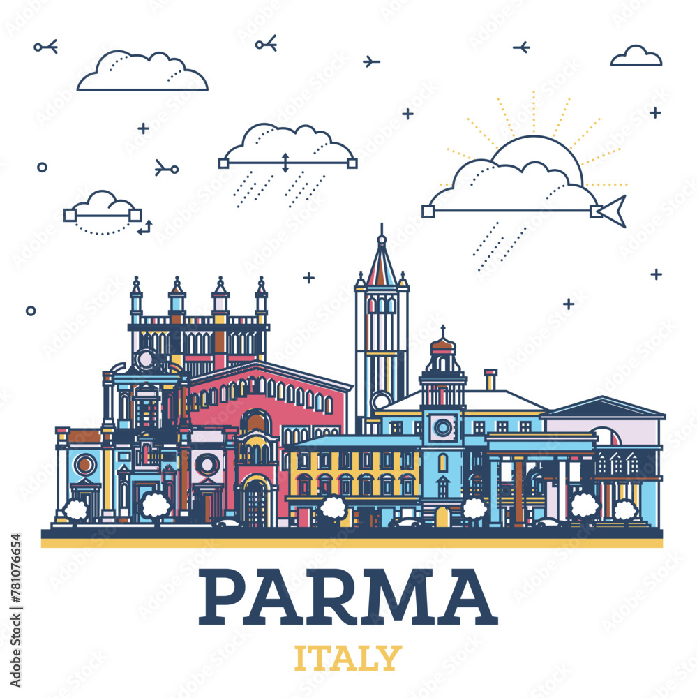 Outline Parma Italy City Skyline with Colored Historic Buildings Isolated on White. Parma Cityscape with Landmarks.