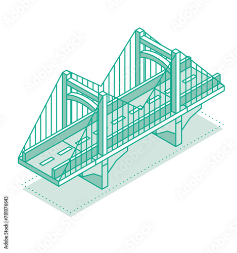 Isometric outline bridge. Road icon. Urban infrastructure. Suspension bridge.