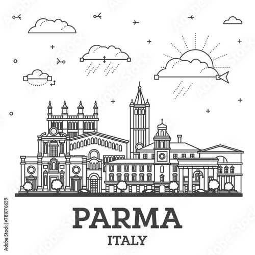 Outline Parma Italy City Skyline with Historic Buildings Isolated on White. Parma Cityscape with Landmarks.