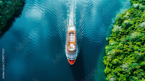 A cruise ship gliding on calm tropical waters in a bay, reflecting the clear blue sky above