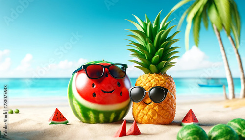 A 3D rendering of a watermelon and a pineapple wearing sunglasses, against the background of a tropical beach on a sunny day, with clear blue skies, white sand and sparkling sea at the beach to comple photo