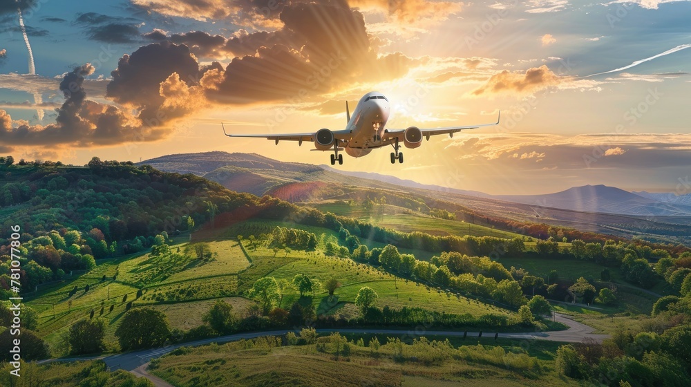 This vibrant image features a jetliner against the backdrop of a sunset sky over rolling green hills and roads This vibrant image features a jetliner against the backdrop of a sunset sky over rolling green hills and roads