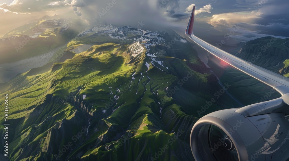Naklejka premium The perspective from an airplane wing as it soars over a majestic mountain range, symbolizing the vastness of nature