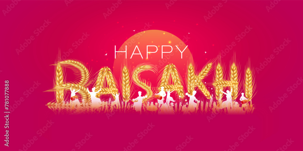 Vector Greeting for Baisakhi. Harvest festival of India punjab. Sikh bhangra dance in wheat field illustration. - obrazy, fototapety, plakaty 