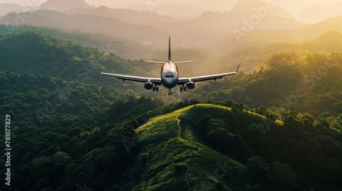 Dramatic image of a commercial jet flying low over a dense green rainforest, guiding viewers into the wild photo