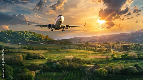 The majestic descent of an airplane into the sunset above a verdant rural landscape signifies the journey's peaceful end