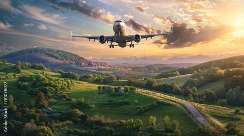 An airplane descends amidst vibrant green hills  with the warm glow of sunset creating a tranquil scene