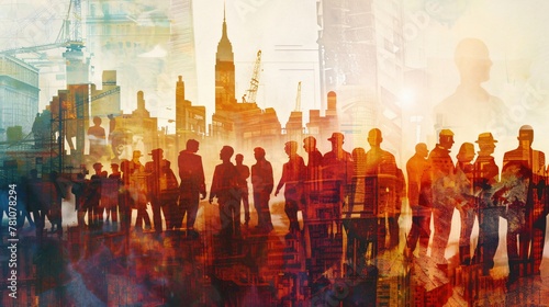 Artistic overlay of busy cityscape and silhouetted workers symbolizing urban life and industry.