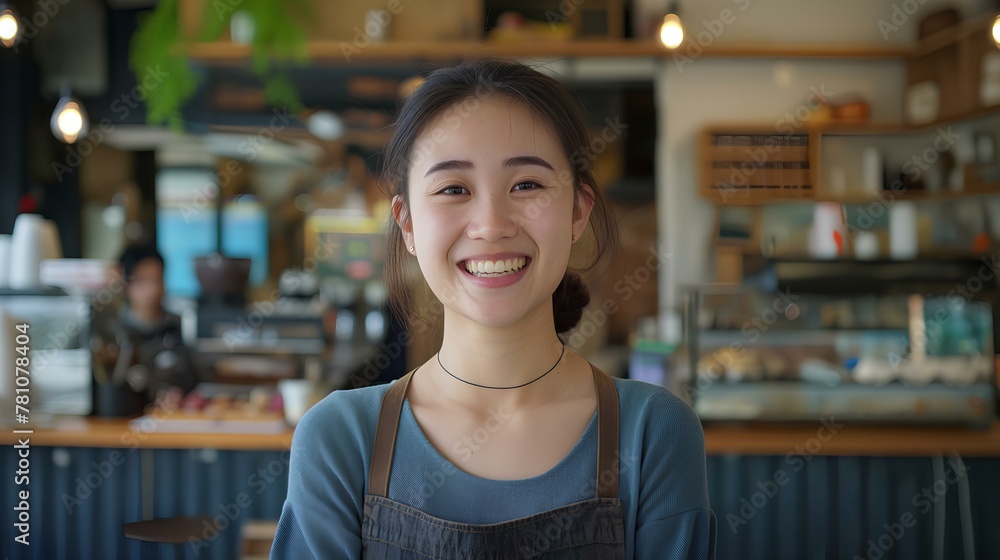 Happy young korean female cafe owner standing with smiling at the camera in front of her shop interior, in the style of a portrait shot. generative AI Happy young korean female cafe owner standing with smiling at the camera in front of her shop interior, in the style of a portrait shot. generative AI