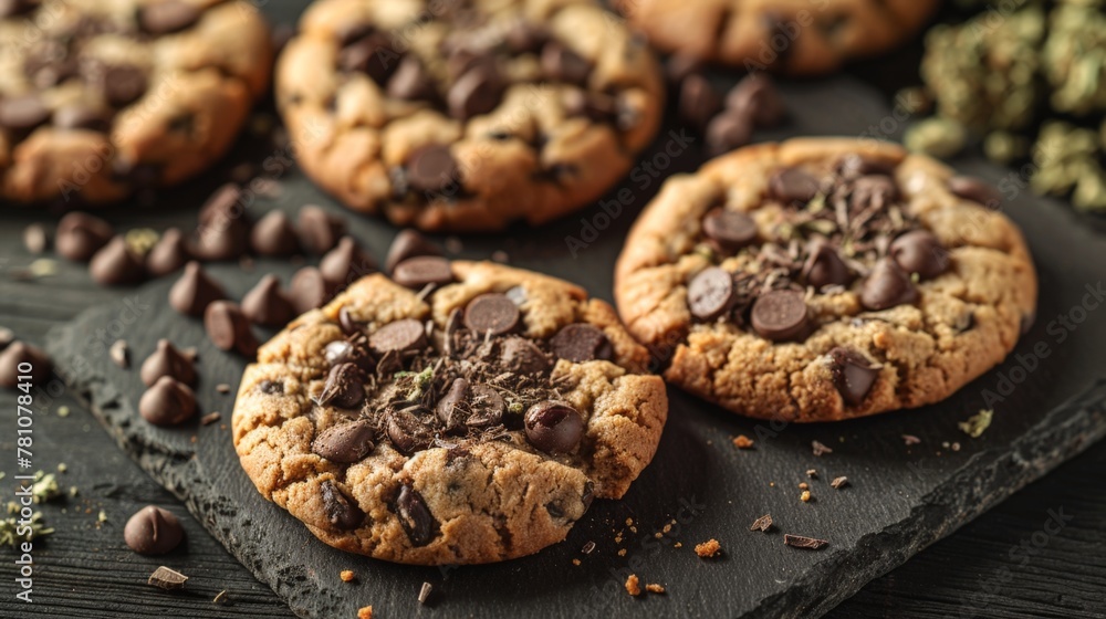 Chocolate chip cookies on a slate board with scattered chocolate chips