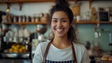 Happy young female cafe owner standing with smiling at the camera in front of her shop interior, in the style of a portrait shot. generative AI