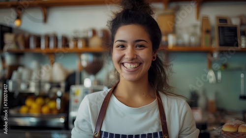Happy young female cafe owner standing with smiling at the camera in front of her shop interior, in the style of a portrait shot. generative AI