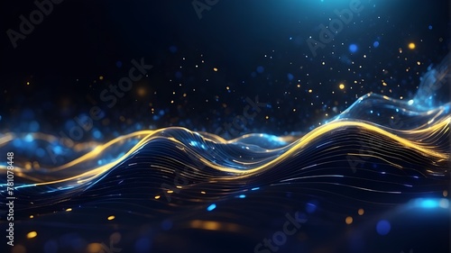 Blue light effect on an abstract metal technology background, Abstract futuristic background with bokeh lights and neon wave lines moving at a high speed in blue and gold. sound waves visualized. 