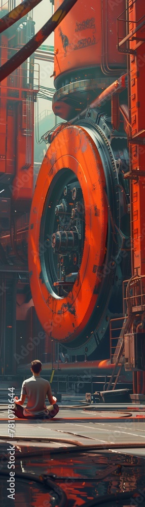 An animator practices meditation in an austenite factory, surrounded by vibrant orange machinery, finding peace in creation and steel , minimalist, close-up, 8K An animator practices meditation in an austenite factory, surrounded by vibrant orange machinery, finding peace in creation and steel , minimalist, close-up, 8K