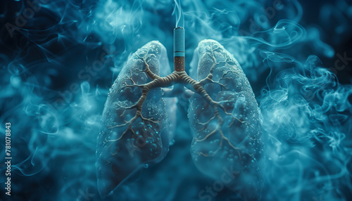 Conceptual image of lungs affected by smoking with cigarette and smoke.