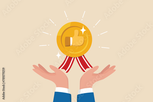 Endorsement or recommendation for employee or product, high quality approval, public support or positive satisfaction evaluation concept, businessman hand giving thumb up honor endorsement badge.