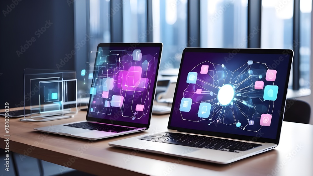 Concept of computer technology. desktop computer network with tablet, phone, and laptop. Program in image of laptop screen with futuristic glass blocks. Development of software and mobile web applicat Concept of computer technology. desktop computer network with tablet, phone, and laptop. Program in image of laptop screen with futuristic glass blocks. Development of software and mobile web applicat