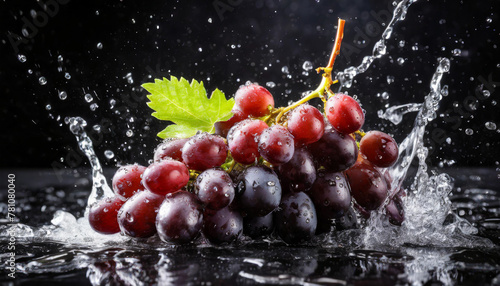 Healthy fresh bunch of grapes in water splash on black background
