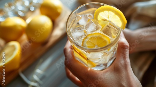 Person holding glass lemonade ice lemon slices photo