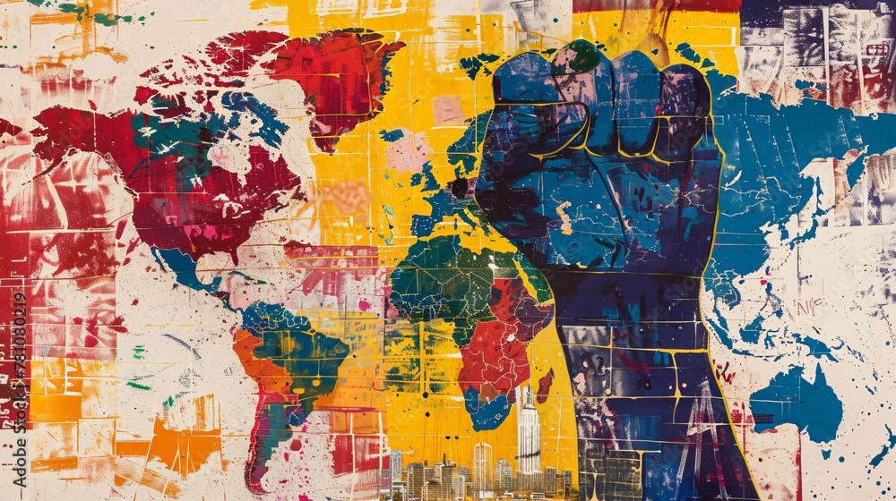 A powerful raised fist superimposed on a colorful world map with urban elements, depicting global unity and resistance.
