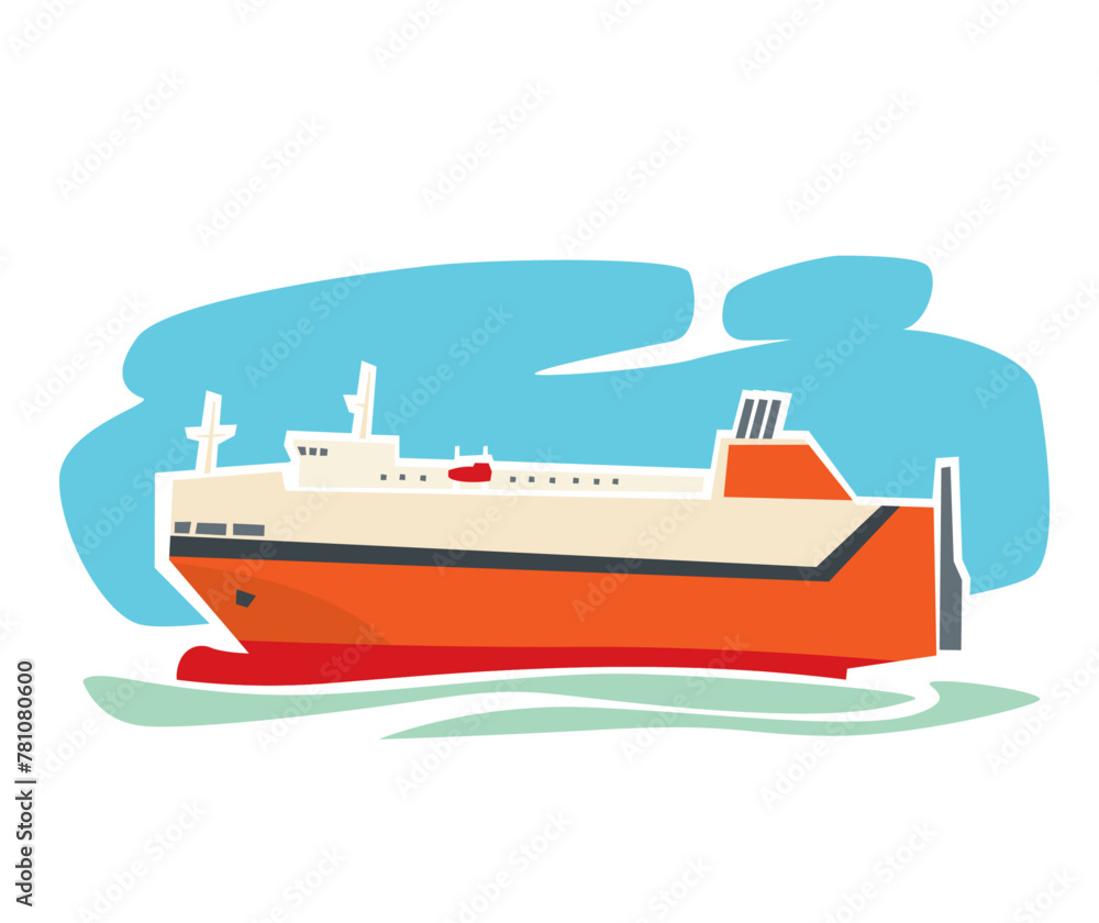 Cargo ships. Roll-on roll-off Car carrier. Sea delivery. Vector image for prints, poster and illustrations.