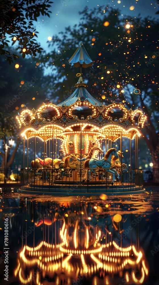 Vintage Carousel Charm: The Glowing Centerpiece of a Dreamlike Park