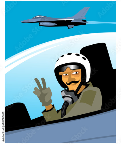 A pilot smiles in the cockpit of a jet fighter. Cartoon character. Vector image for prints, poster and illustrations.