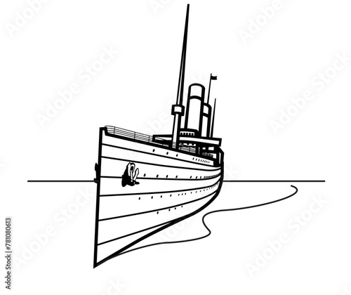 Passenger ship. Vintage Cruise ship. Black and white drawing of an ocean liner. Vector image for prints, poster and illustrations.