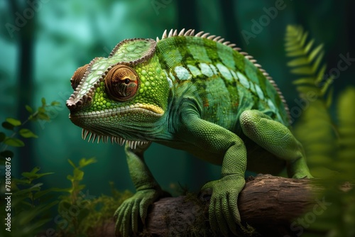 A green lizard is sitting on a log in a forest