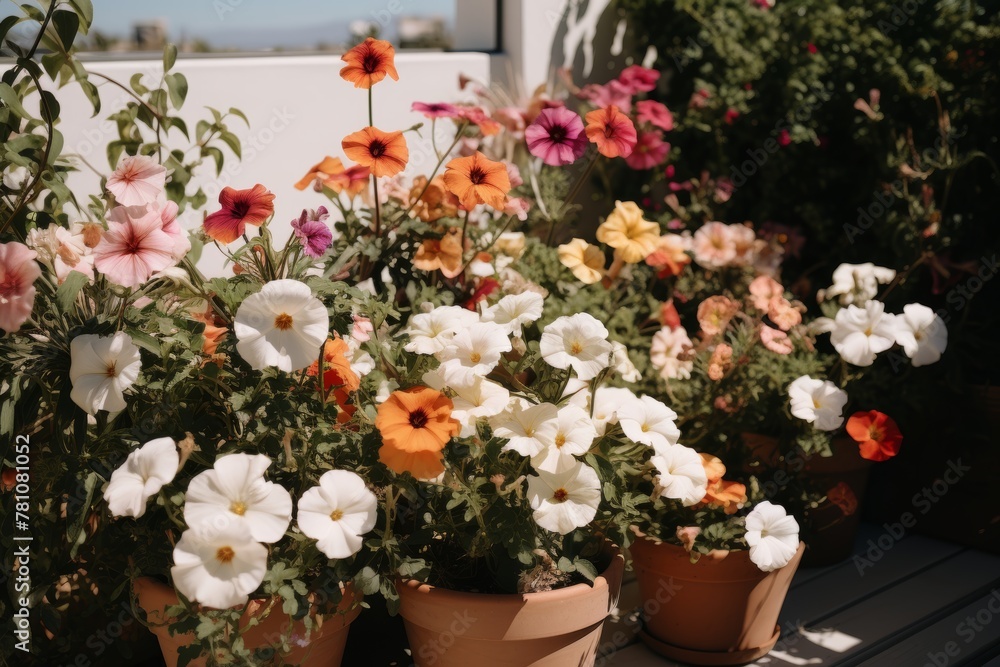 Beautiful balcony decorated with vibrant flowers in pots, featuring soft and warm hues