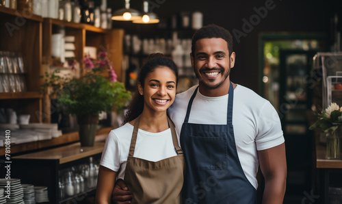 Delighted duo in aprons at a cafe