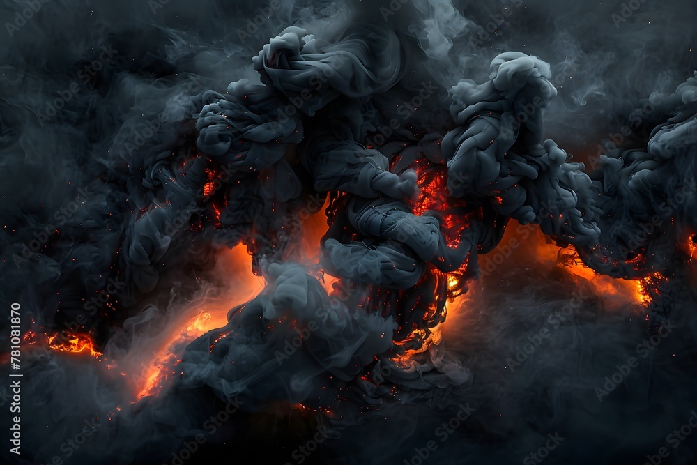 charcoal curls of smoke with burning red and orange embers within it, cloudy