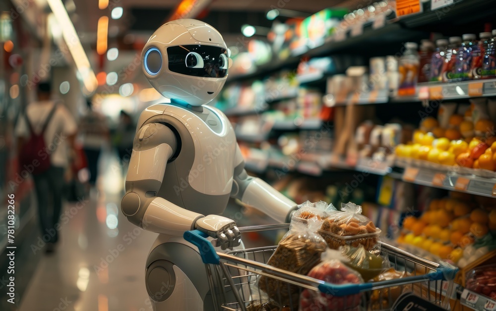 A humanoid robot with large expressive eyes is seen operating a shopping cart down a grocery store aisle, closely surrounded by an assortment of fresh produce and grocery items
