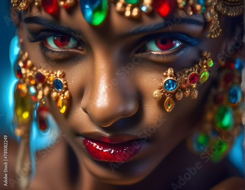 Jeweled Enigma: A Mystical Indian Woman Adorned with Crystals