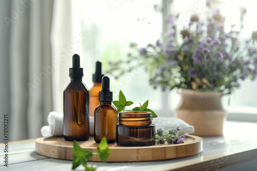 A set of organic and natural skincare products on a wooden tray with flowers in the background