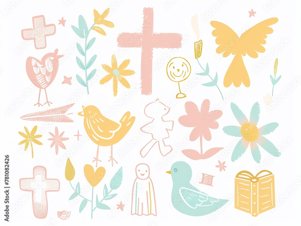 Whimsical Christian symbols and cute characters in soft pastels Whimsical Christian symbols and cute characters in soft pastels