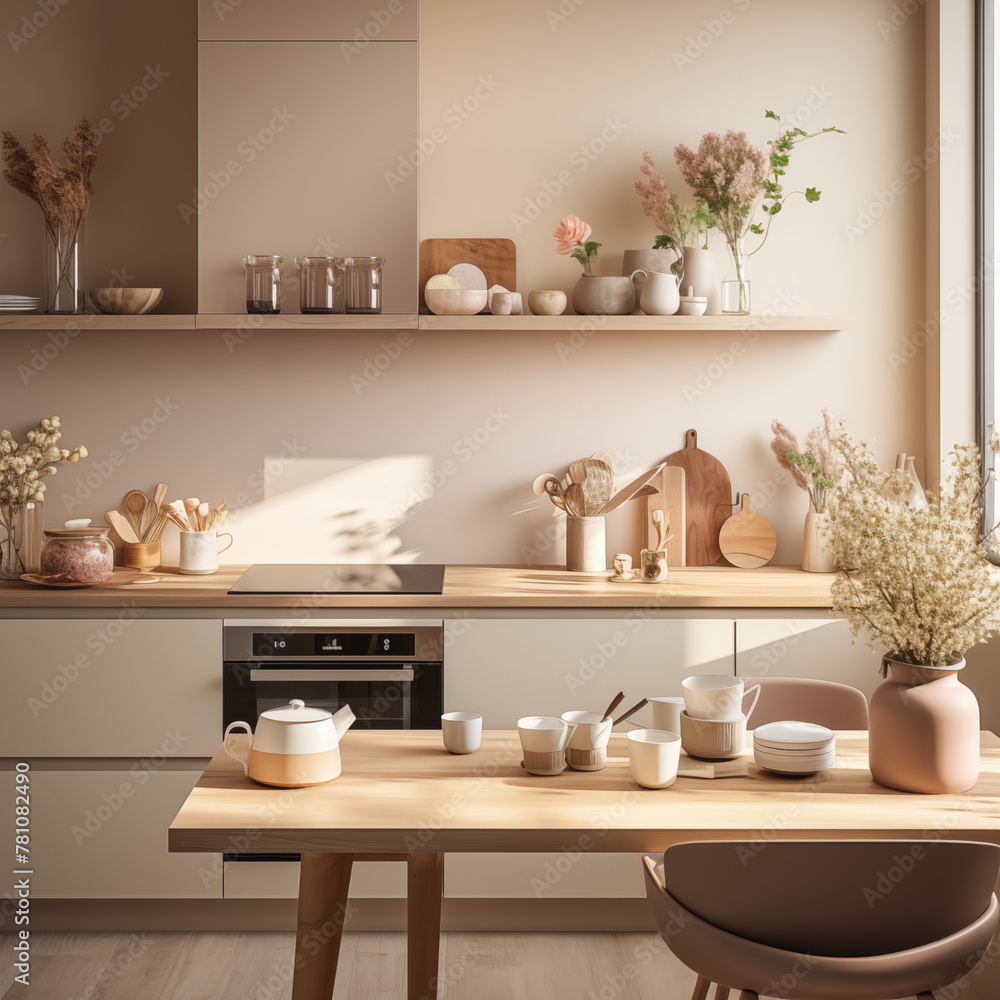 Minimalistic modern wooden kitchen on house with large windows. Modern apartment interior design. Real estate concept