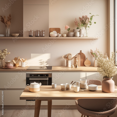 Minimalistic modern wooden kitchen on house with large windows. Modern apartment interior design. Real estate concept © Sveta