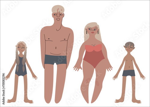Flat Caucasians family: man, woman and kids in underwear portraits of different shapes and sizes vector illustration set. Tanned skin people with blond hair in cartoon style for multinational and
