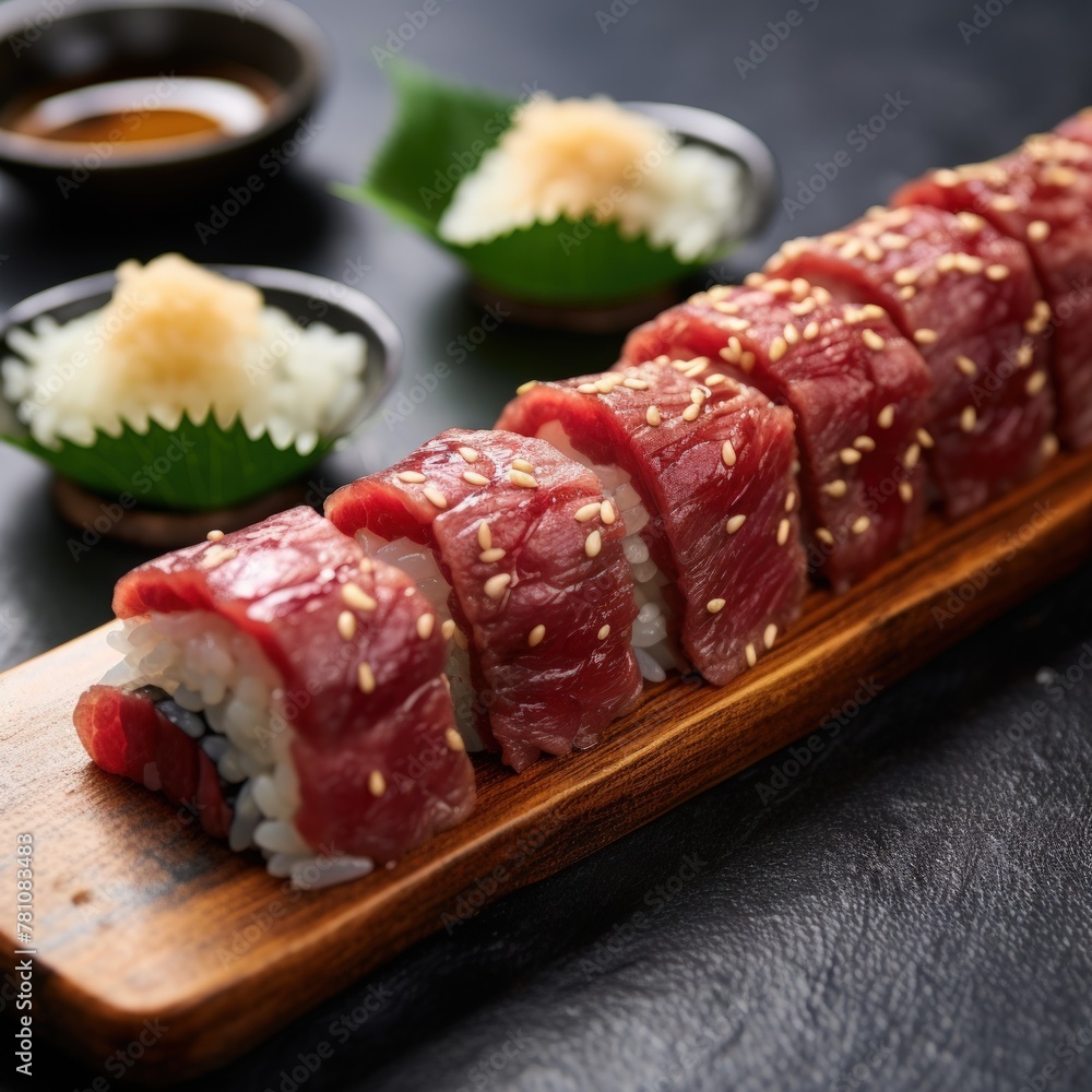 Wagyu beef sushi roll on cutting board Wagyu beef sushi roll on cutting board
