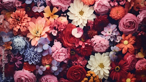 Various types of flowers create a beautiful wall background.